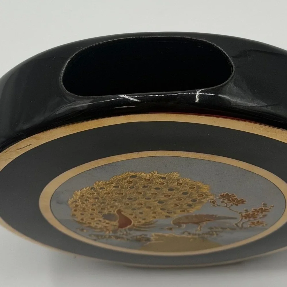 Chokin Art Japan Peacock Bud Vase Black Ceramic 24K Gold Round 6in